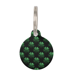 Dark Green sparkly Shamrock pattern on black Pet Tag
