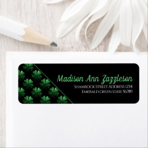 Dark Green sparkly Shamrock pattern on black Return Address Label