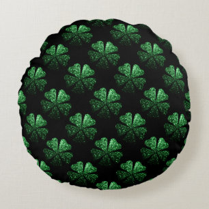 Dark Green sparkly Shamrock pattern on black Round Cushion