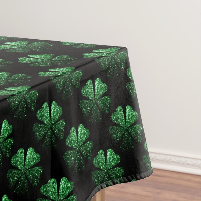 Dark Green sparkly Shamrock pattern on black Tablecloth (In Situ)