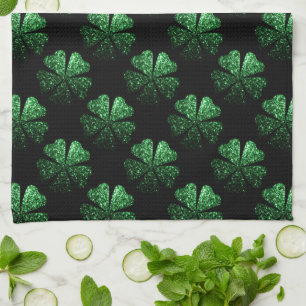 Dark Green sparkly Shamrock pattern on black Tea Towel