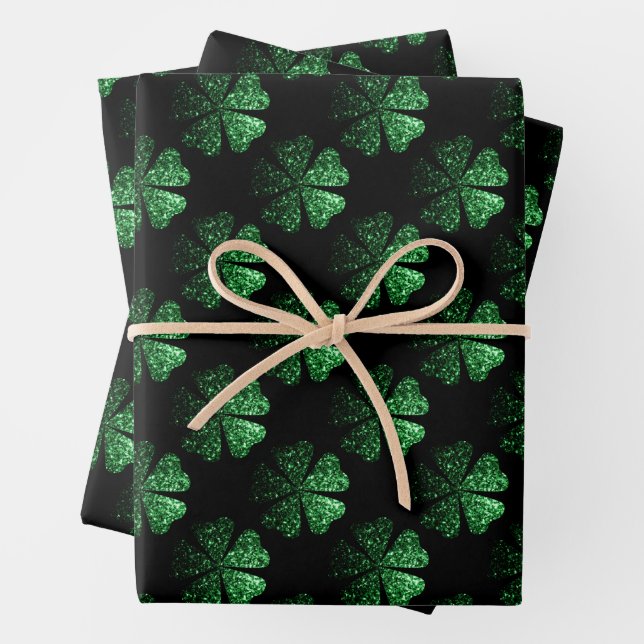 Dark Green sparkly Shamrock pattern on black Wrapping Paper Sheet (In situ)