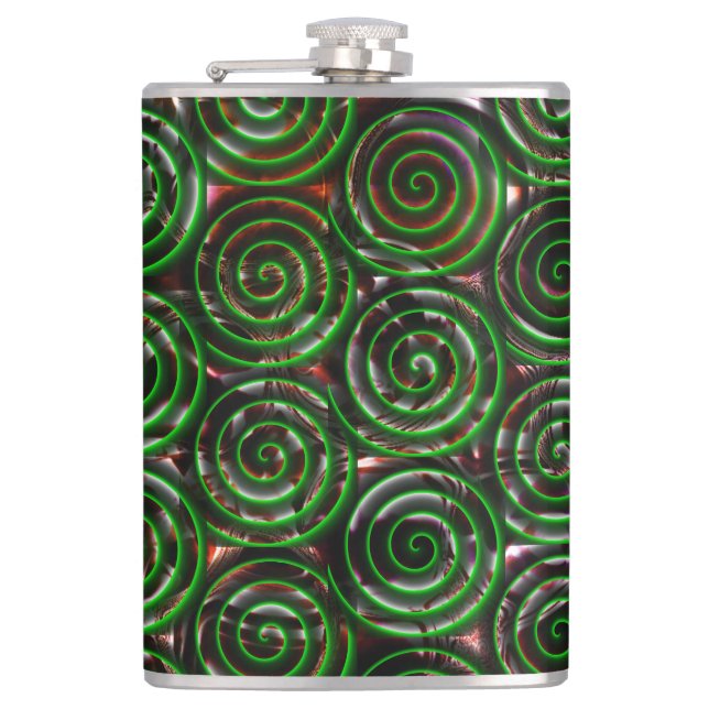 Dark green spirals transparent upon stained image hip flask (Front)