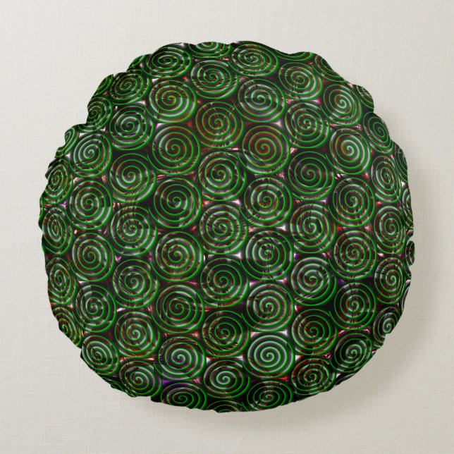 Dark green spirals transparent upon stained image round cushion (Front)