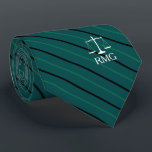 Dark Green Striped Custom Initials Lawyer Tie<br><div class="desc">Elegant green stripes judicial scales of justice custom initials tie.</div>