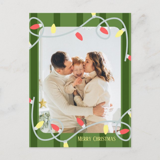Dark Green Striped Family Photo Christmas Card (Front)
