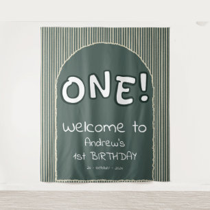 Dark Green Stripes 1st Birthday Backdrop Tapestry