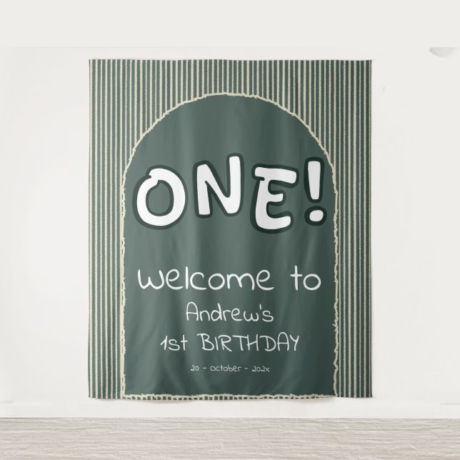 Dark Green Stripes 1st Birthday Backdrop Tapestry (Front)