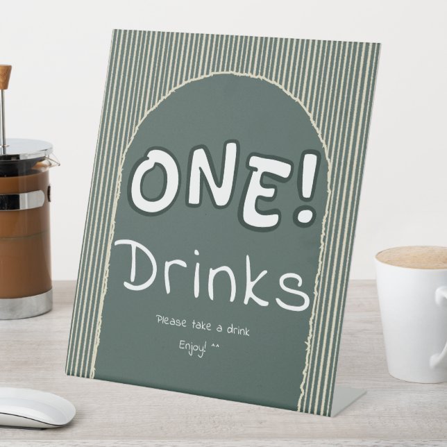 Dark Green Stripes 1st Birthday Drinks Pedestal Sign (In SItu)