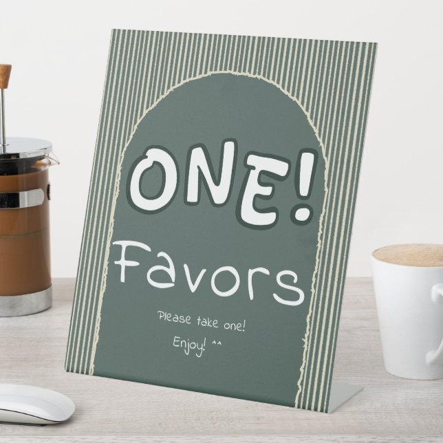 Dark Green Stripes 1st Birthday Favors Pedestal Sign (In SItu)