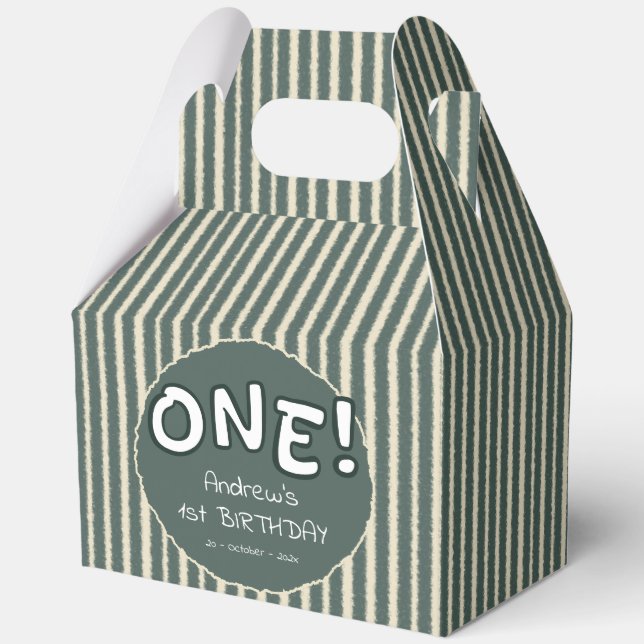 Dark Green Stripes 1st Birthday Favour Box (Front)