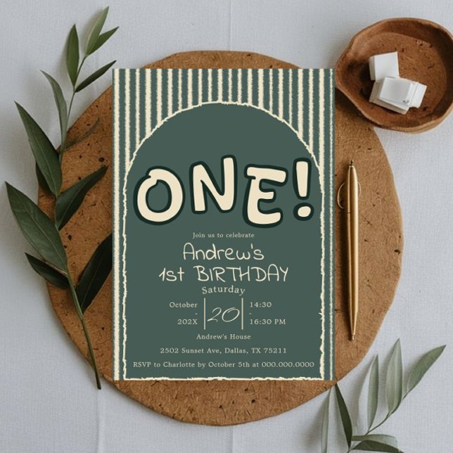 Dark Green Stripes 1st Birthday Invitation (Creator Uploaded)