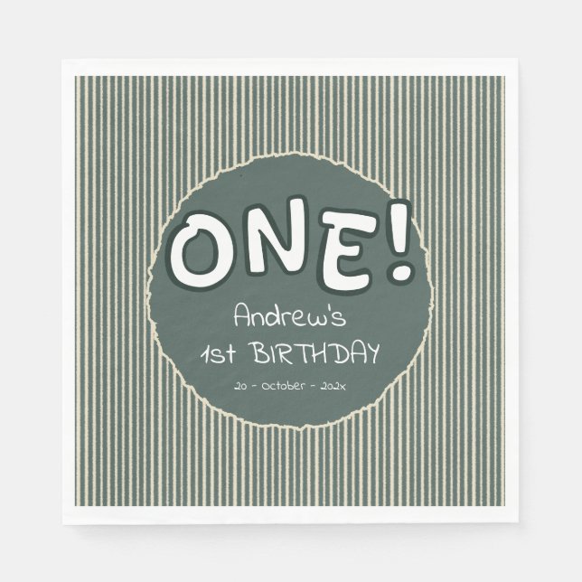 Dark Green Stripes 1st Birthday Napkin (Front)