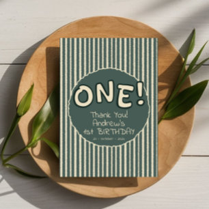 Dark Green Stripes 1st Birthday Thank You Card
