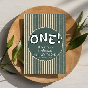 Dark Green Stripes 1st Birthday Thank You Card