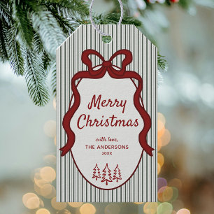 Dark Green Stripes & Bow Christmas Gift Tags