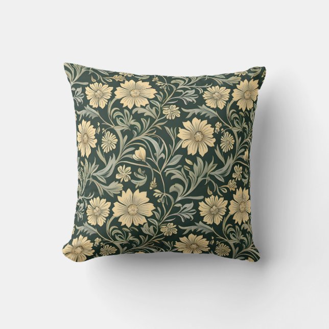 Dark green stylised yellow flowers  pattern  cushion (Front)