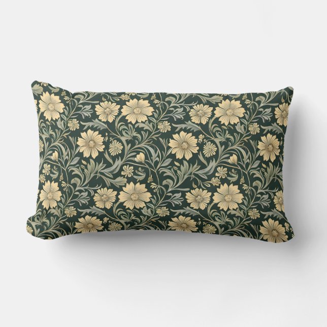 Dark green stylised yellow flowers  pattern  lumbar cushion (Front)