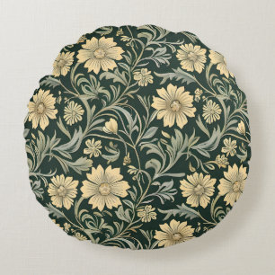 Dark green stylised yellow flowers pattern round cushion