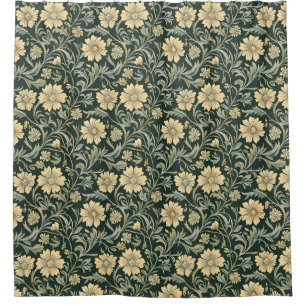 Dark green stylised yellow flowers pattern shower curtain