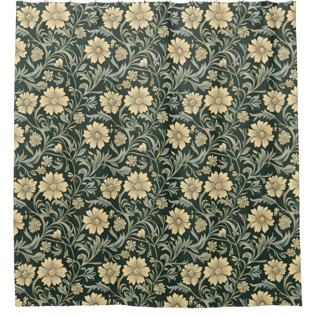 Dark green stylised yellow flowers  pattern  shower curtain (Front)