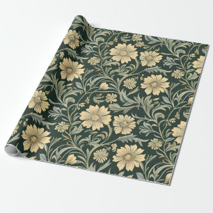 Dark green stylised yellow flowers  pattern  wrapping paper