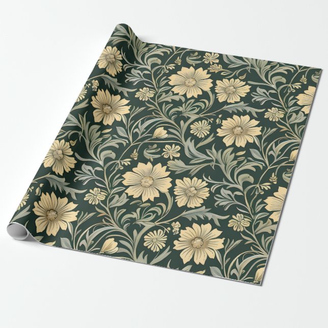Dark green stylised yellow flowers  pattern  wrapping paper (Unrolled)