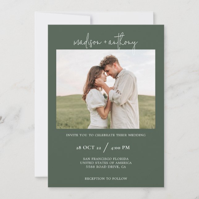 Dark Green Stylish Script with Photo Wedding  Invitation (Front)