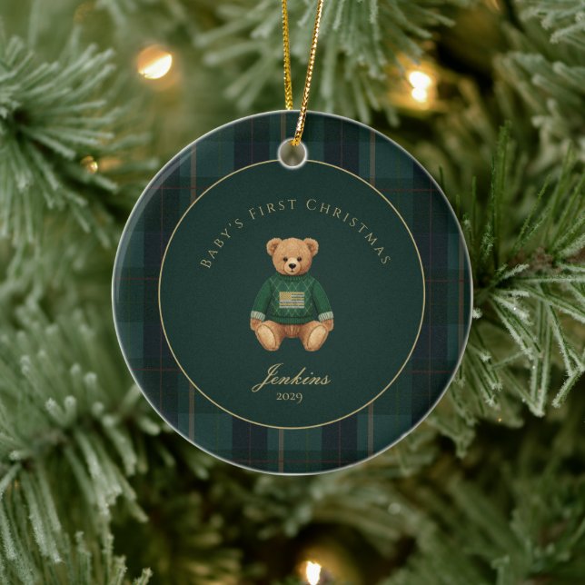 Dark Green Tartan Plaid Babys First Christmas  Ceramic Ornament (Tree)