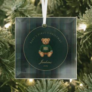 Dark Green Tartan Plaid Babys First Christmas  Glass Tree Decoration