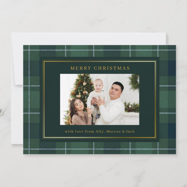 Dark Green Tartan Polo Plaid Photo Christmas Holiday Card (Front)