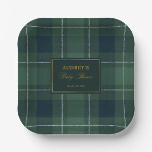 Dark Green Tartan Polo Plaid Vintage Baby Shower Paper Plate