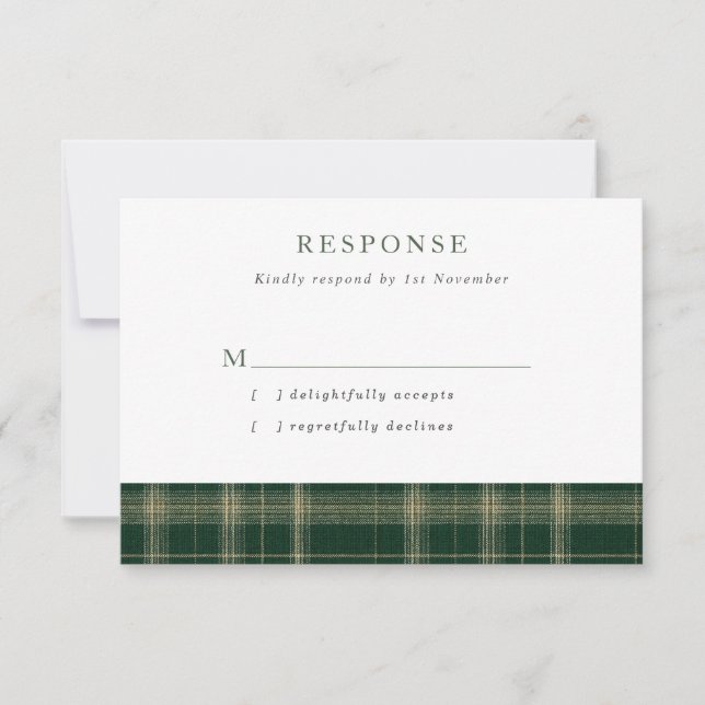 Dark Green Tartan Wedding RSVP Card (Front)