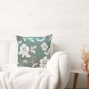 Dark Green Teal Background Large Cream Flowers Cushion