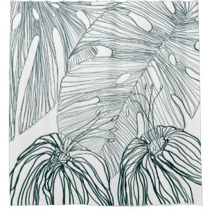 dark green & teal monstera leaves & lilies contour shower curtain