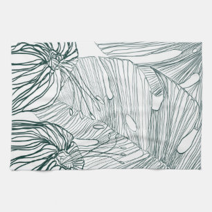 dark green & teal monstera leaves & lilies contour tea towel