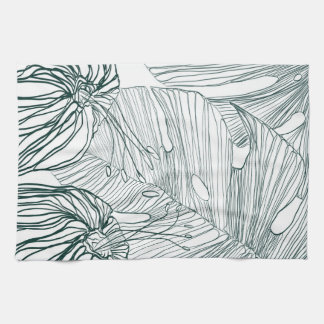 dark green & teal monstera leaves & lilies contour tea towel