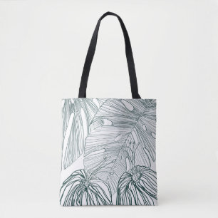 dark green & teal monstera leaves & lilies contour tote bag