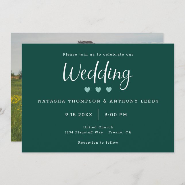 Dark Green Three Hearts Photo Wedding Invitation (Front/Back)