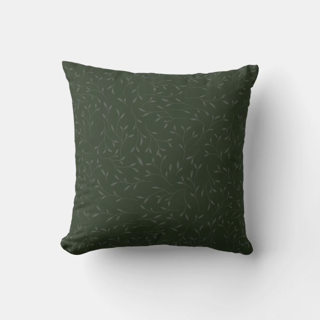 Dark Green Tone on Tone Botanical Vine Pattern Cushion (Front)