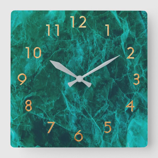 Dark green trendy marble with golden numbers square wall clock (Front)