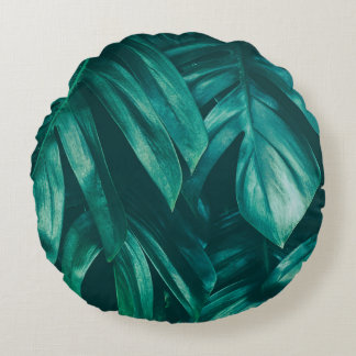 Dark green, tropical jungle foliage. round cushion