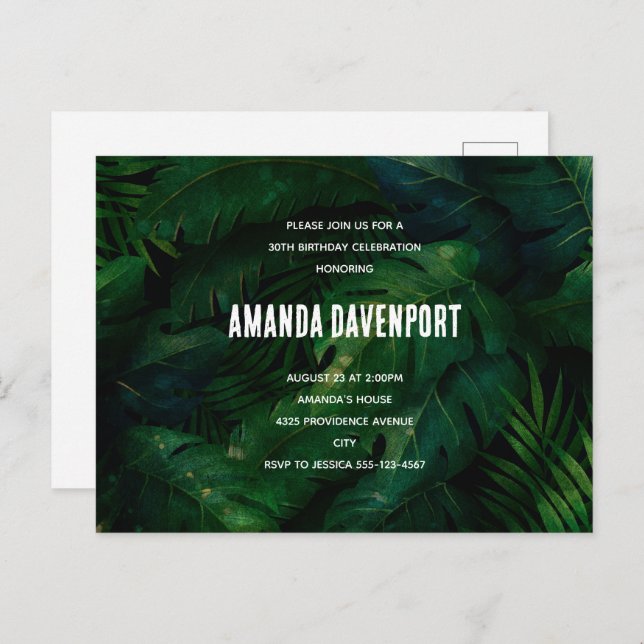 Dark Green Tropical Leaves Birthday Invitation Postcard (Front/Back)