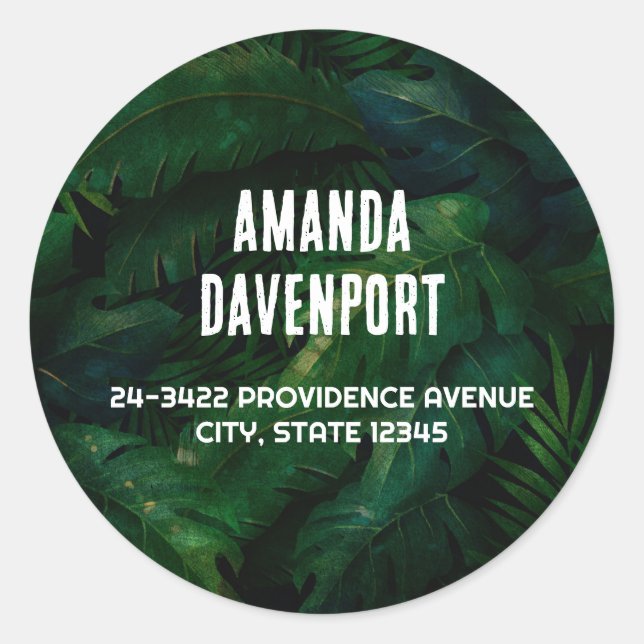 Dark Green Tropical Leaves Pattern Address Classic Round Sticker (Front)