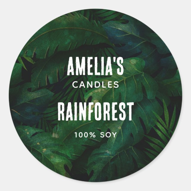 Dark Green Tropical Leaves Pattern Candle Business Classic Round Sticker (Front)