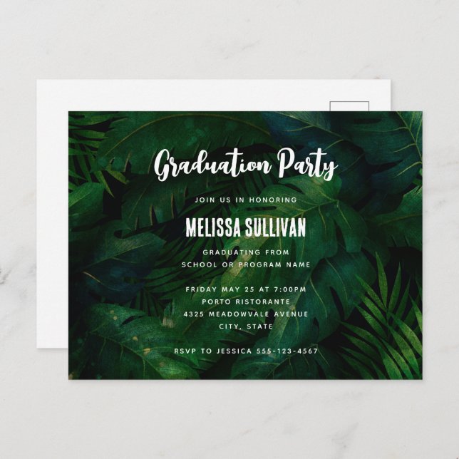 Dark Green Tropical Leaves Pattern Invitation Postcard (Front/Back)
