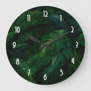 Dark Green Tropical Leaves Pattern Large Clock
