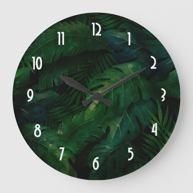 Dark Green Tropical Leaves Pattern Large Clock (Front)