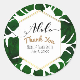 Dark Green Tropical Leaves White & Gold Wedding Classic Round Sticker