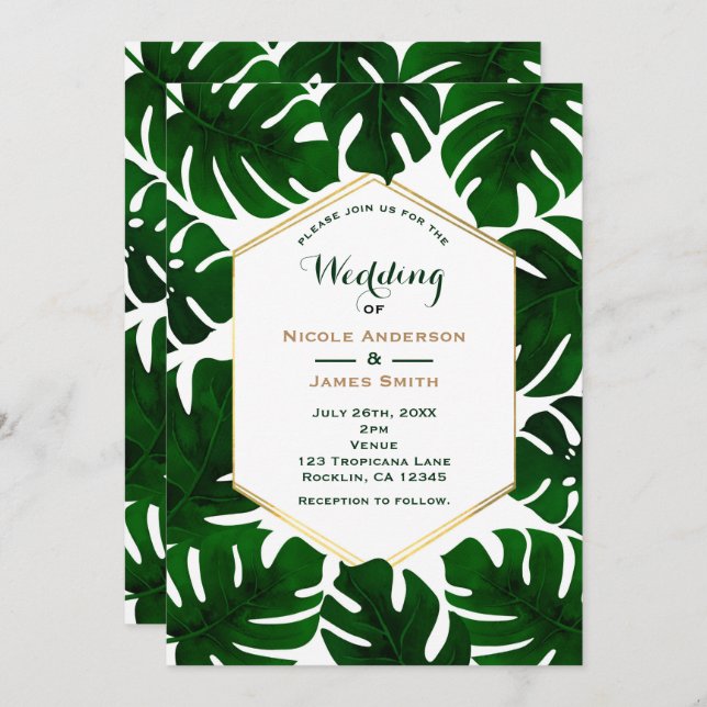 Dark Green Tropical Leaves White & Gold Wedding Invitation (Front/Back)